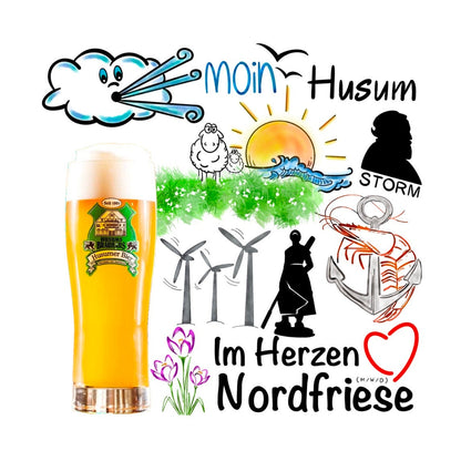 Bierdeckel im Herzen Nordfriese (m/w/d). Man sieht ein Bierglas Husumer Bier, die Windräder, Strom Silhouette, Schafe, Wolke, Krabbe, Krokusse.