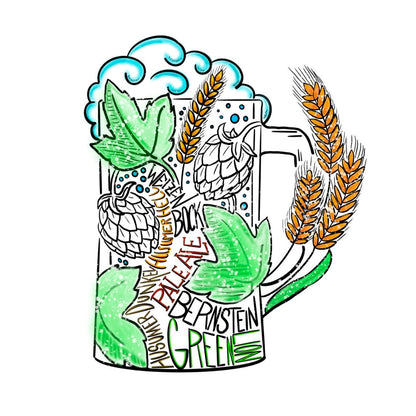 Bierdeckel zeigt ein gezeichnetes Bierseidel. Zu sehen ist auch Gerste, Wasser Hopfen. In dem Glas stehen die Biersorten. Weizen, Bock, Husumer Hell, Bernstein usw.